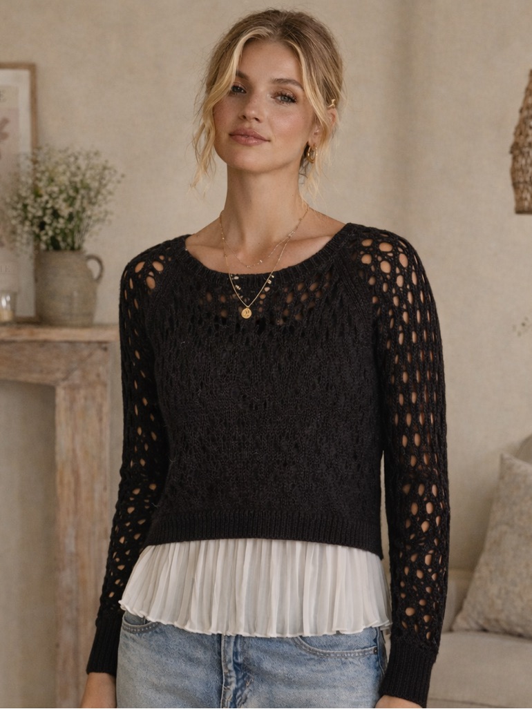 Maeve For Anthropologie Layered Knit Sweater| Pleated Hem | Boho Chic | Size M